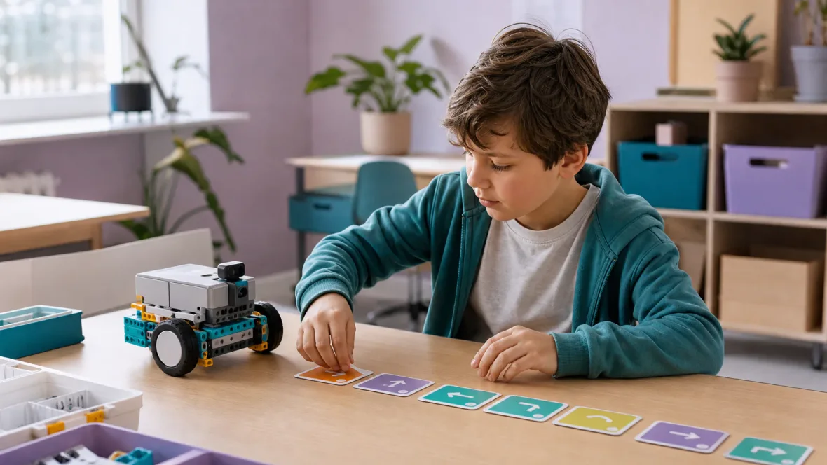Dziecko układa obrazkową sekwencję poleceń obok robota edukacyjnego