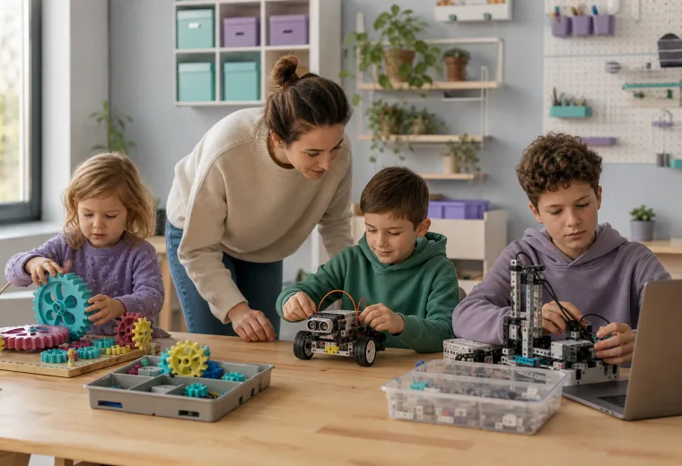 Dzieci w różnym wieku pracują z przekładniami, robotem i kodem