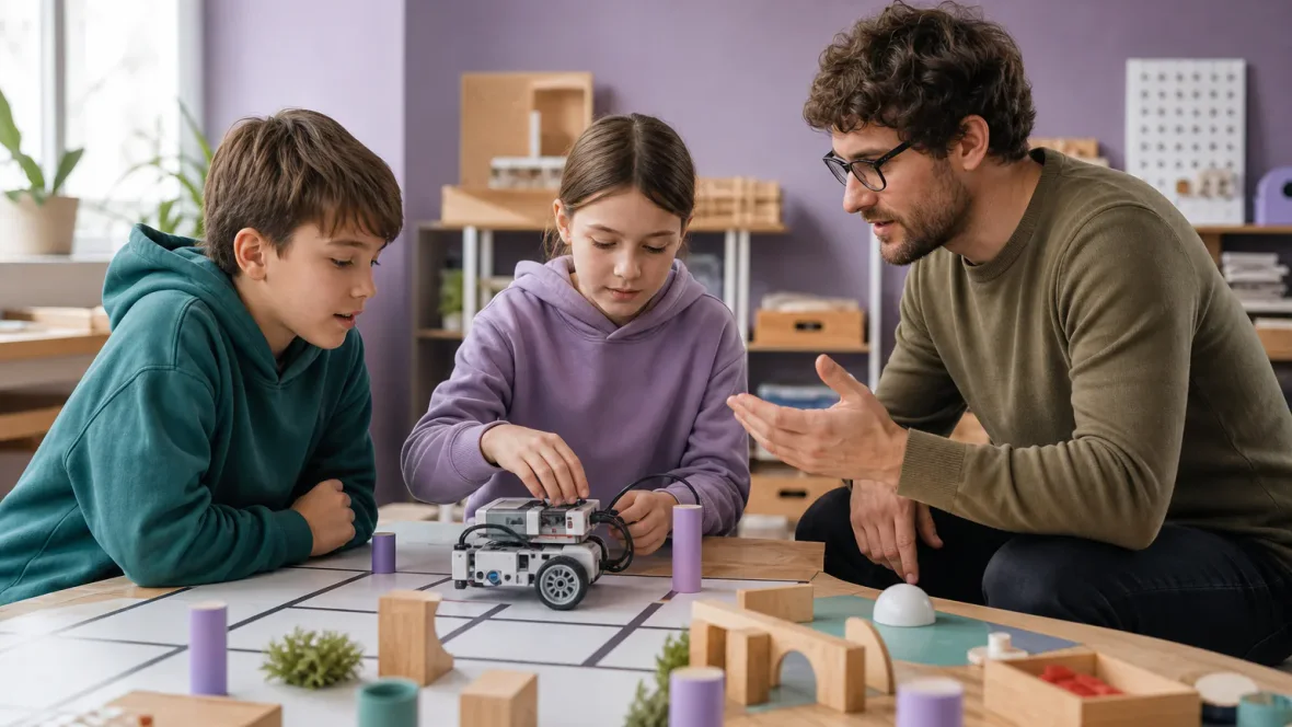 Instruktor wspiera dwoje dzieci testujących robota na torze