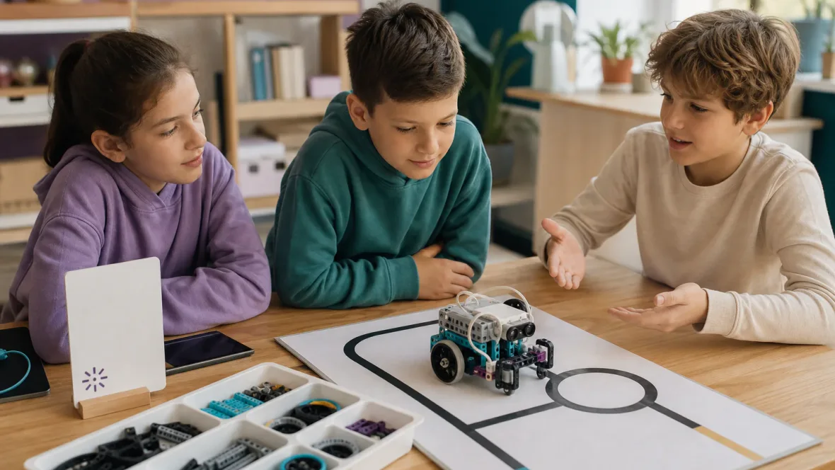 Troje dzieci omawia wynik testu robota po zakończeniu projektu