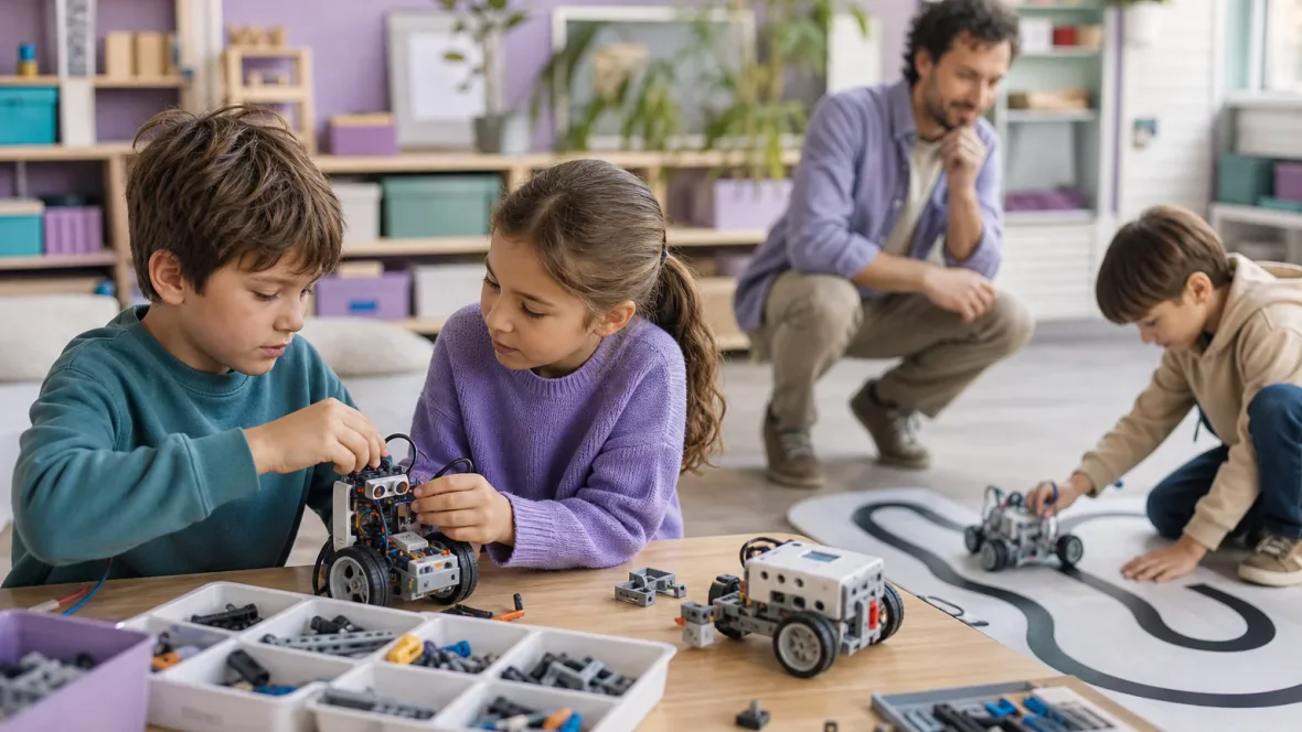 Dzieci budują i testują roboty podczas pracy w małej grupie